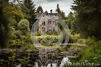 a grand old house with its chimney surrounded by lush greenery and a peaceful lake in the background Stock Photo