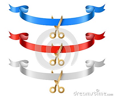 Grand open ribbons. Opening ceremony silk ribbons with scissors vector set Vector Illustration