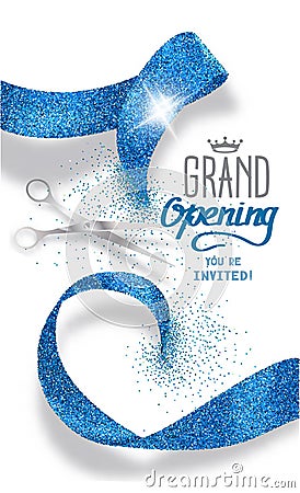 Grand opening banner with abstract blue abstract ribbon and scissors Vector Illustration