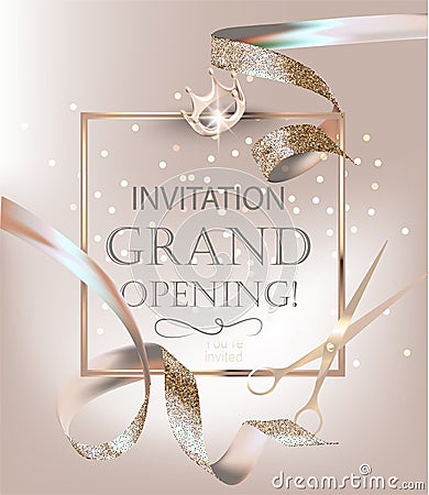 Grand opening banner with beige and white curly silk ribbons. Vector Illustration