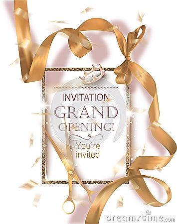 Grand opening banner with curly gold ribbon, scissors and golden frame. Vector Illustration