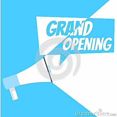 Grand opening banner. Gramophone with text, on a white blue background Cartoon Illustration