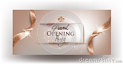 Grand Opening beige banner with curly textured ribbons and golden frame. Vector Illustration