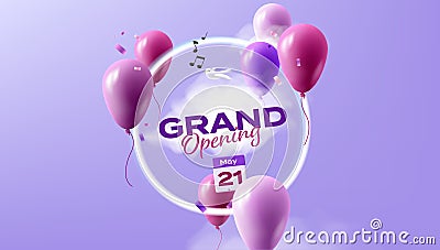 Grand Opening Card with Balloons and neon circle with calendar and date and spring bird singing melody, in violet colors Vector Illustration