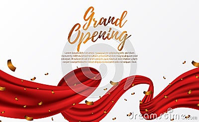 Grand Opening ceremony party template with golden confetti and red silk luxury ribbon swirl Stock Photo