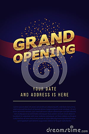 Grand opening 3d gold word sign. Vector background. Scissors cutting red ribbon design element for poster or banner for opening Stock Photo