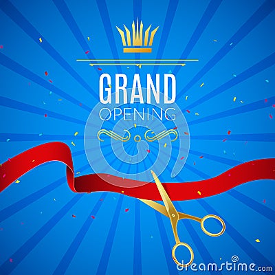 Grand Opening design template with ribbon and scissors. Grand open ribbon cut concept. Vector Illustration