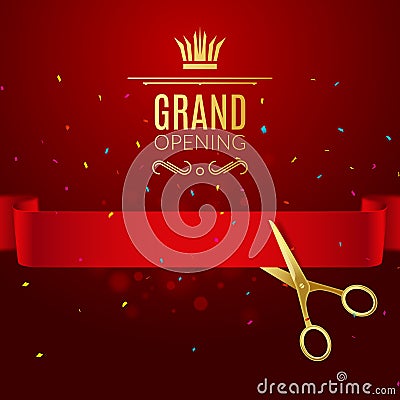 Grand Opening design template with ribbon and scissors. Grand open ribbon cut concept. Vector Illustration