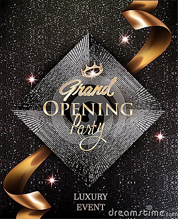 Grand opening elegant invitation cards with gold ribbon and circle pattern background. Vector Illustration