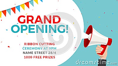 Grand opening flyer banner template. Marketing business concept with megaphone. Grand Opening advertising Vector Illustration