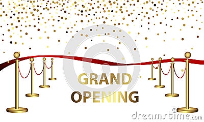 Grand opening. Golden confetti and red silk ribbon on a black background. Inauguration banner opening celebration Vector Illustration