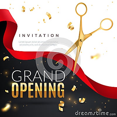 Grand opening. Golden confetti and scissors cutting red silk ribbon, inauguration ceremony banner, opening celebration Vector Illustration