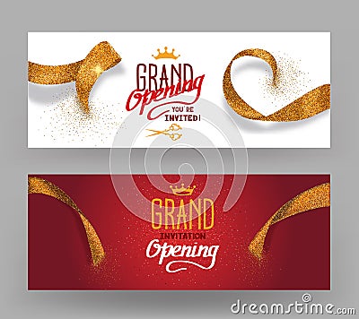 Grand Opening horisontal banners with abstract gold cut ribbons Vector Illustration