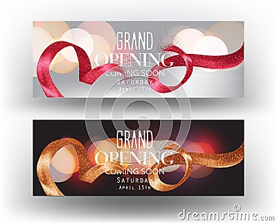 Grand opening horizontal banners with curly sparkling ribbons and blurred background. Vector Illustration