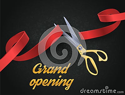 Grand opening illustration with red ribbon and gold scissors isolated on black. Vector Illustration
