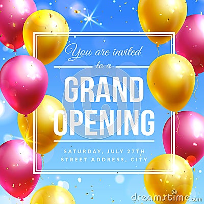 Grand opening invitation banner with colorful balloons. Vector Vector Illustration