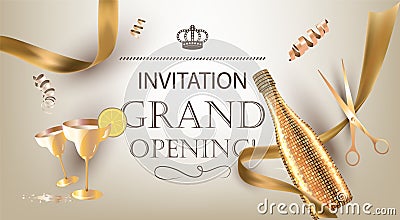 Grand opening invitation banner with golden objects. Vector Illustration