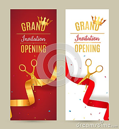 Grand Opening invitation banner. Golden and red Ribbon cut ceremony event. Grand opening celebration card Vector Illustration