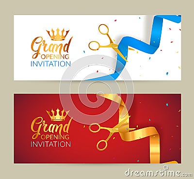 Grand Opening invitation banner. Golden Ribbon and blue ribbon cut ceremony event. Grand opening celebration card Vector Illustration