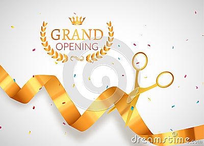 Grand Opening invitation banner. Golden Ribbon cut ceremony event. Grand opening celebration card poster Vector Illustration