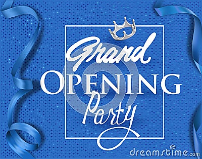 Grand opening invitation card with blue elegant ribbons and background. Vector Illustration