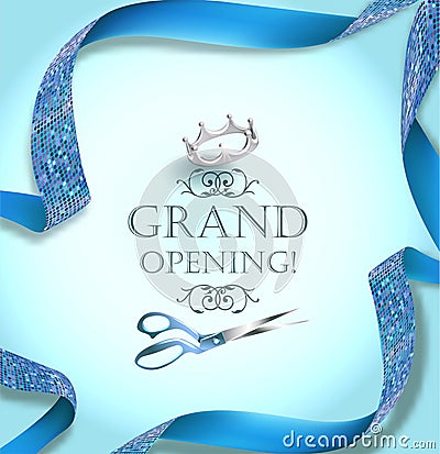 Grand opening invitation card with scissors and blue curly ribbon. Vector Illustration