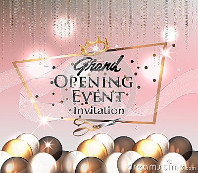 Grand opening invitation card with transparent curly ribbon, air balloons and gold serpentine. Vector Illustration