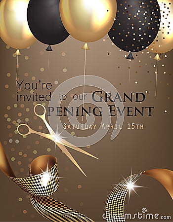 Grand opening invitation with curly ribbon, scissors and gold and black air balloons. Vector Illustration