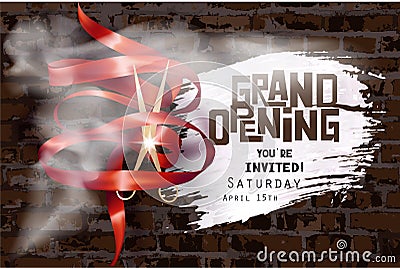 Grand opening invitation with curly ribbon, scissors , whihe smoke and brick wall on the background. Vector Illustration