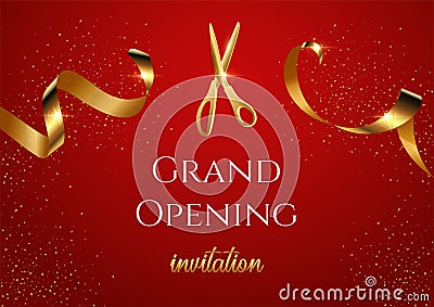 Grand opening invitation red vector banner. Shiny scissors cutting golden ribbon Vector Illustration