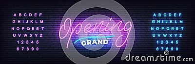 Grand opening neon template. Neon lettering banner Grand opening for event, sale, promotion Stock Photo