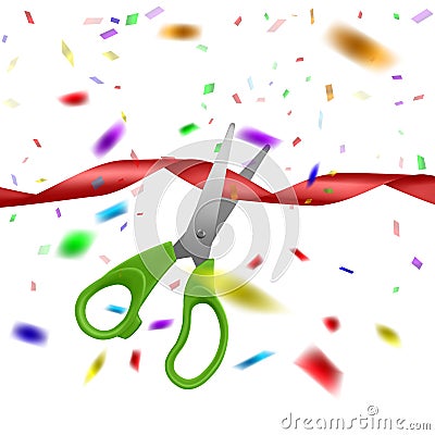 Grand Opening, Realistic illustrations Of Scissors Cut the Red Ribbon Vector Illustration