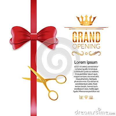 Grand Opening red ribbon and bow. Open ceremony scissor ribbon cut background Vector Illustration