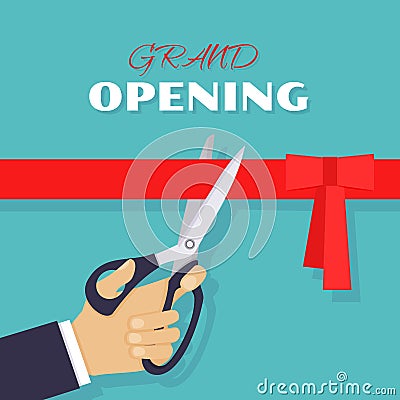 Grand opening. Scissors cut red ribbon Vector Illustration