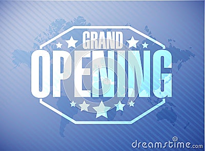 grand opening sign stamp world map background Stock Photo