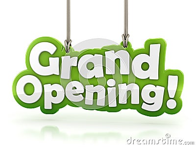 Grand Opening text hanging on white background Stock Photo