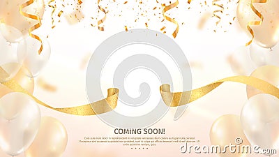 Grand opening vector banner. Celebration of open coming soon light background with gold ribbon and confetti and balloons Vector Illustration