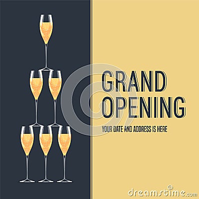 Grand opening vector banner. Tower of glasses with champagne design Vector Illustration