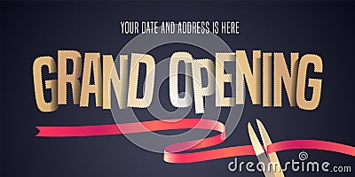 Grand opening vector illustration, background with cut out golden sign and scissors cutting red ribbon Vector Illustration