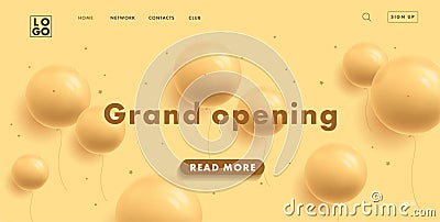 Grand opening web banner for shopping mall website home page placeholder with yellow round 3d balloons on yellow background Vector Illustration