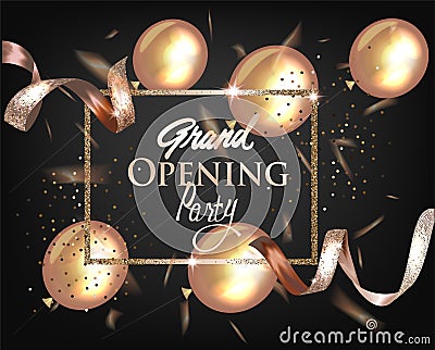 Grand Openong invitation card with realistic beautiful curly gold ribbon, confetti and air balloons. Vector Illustration