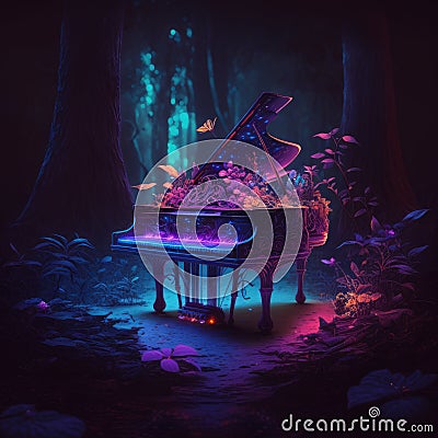 Grand Piano in Enchanted Forest, outwardly, surreal music instrument, luminescent, opalescent, AI Generative Stock Photo