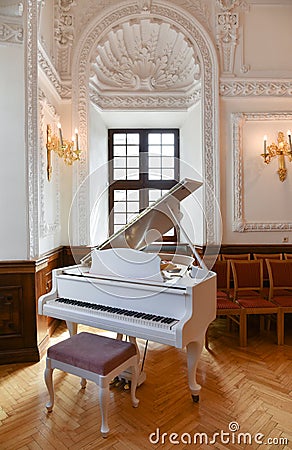 Grand piano in great hall Stock Photo