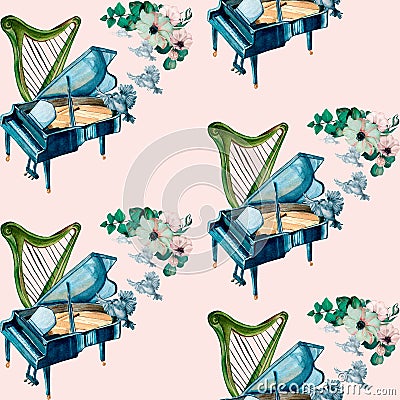 Grand piano, harp and flowers watercolor seamless pattern on beige. Stock Photo