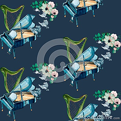 Grand piano, harp and flowers watercolor seamless pattern on dark. Stock Photo