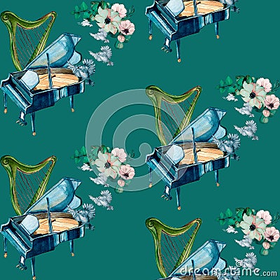 Grand piano, harp and flowers watercolor seamless pattern on green. Stock Photo