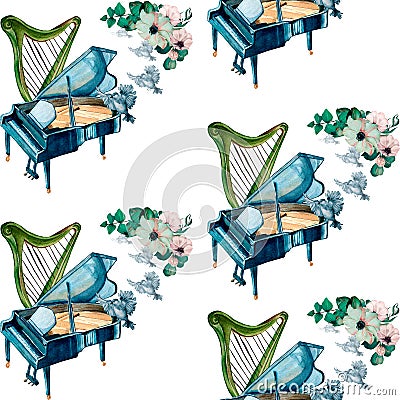 Grand piano, harp and flowers watercolor seamless pattern on white Stock Photo