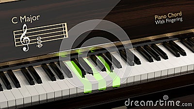 Grand piano with A major chord, classical instrument, piano keys Cartoon Illustration