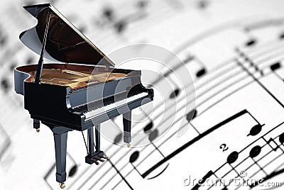 Grand piano on a sheet music background Stock Photo