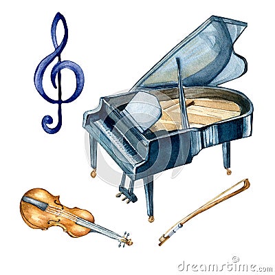Grand piano, violin watercolor illustration on white background. Cartoon Illustration